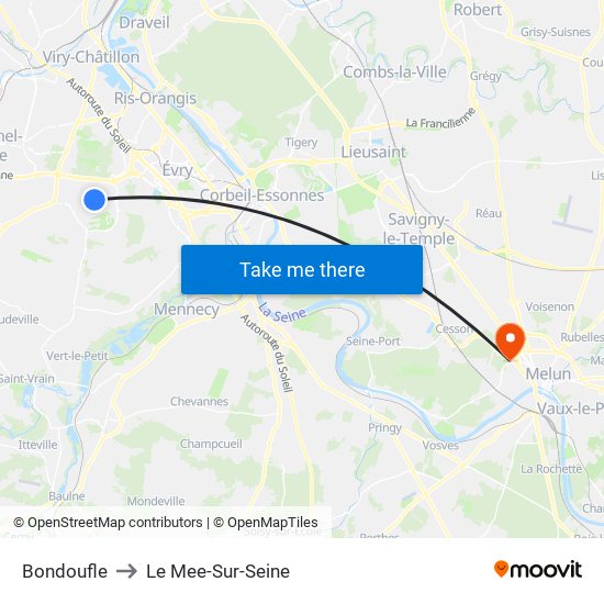 Bondoufle to Le Mee-Sur-Seine map