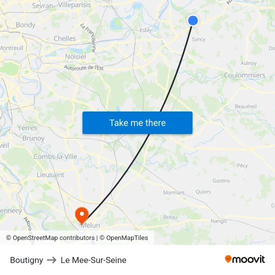 Boutigny to Le Mee-Sur-Seine map