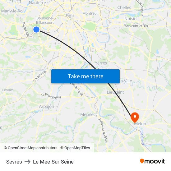 Sevres to Le Mee-Sur-Seine map