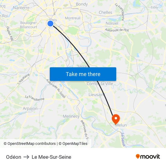 Odéon to Le Mee-Sur-Seine map