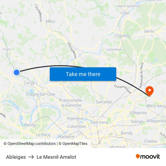 Ableiges to Le Mesnil-Amelot map