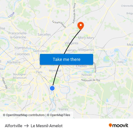 Alfortville to Le Mesnil-Amelot map