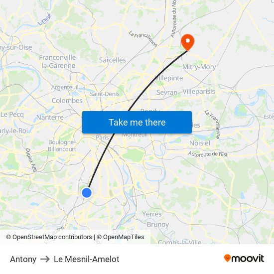 Antony to Le Mesnil-Amelot map