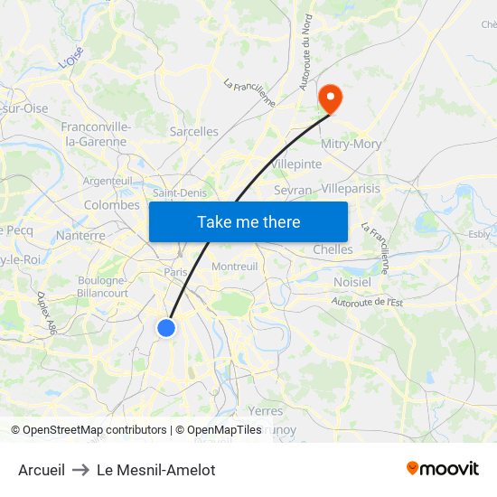 Arcueil to Le Mesnil-Amelot map