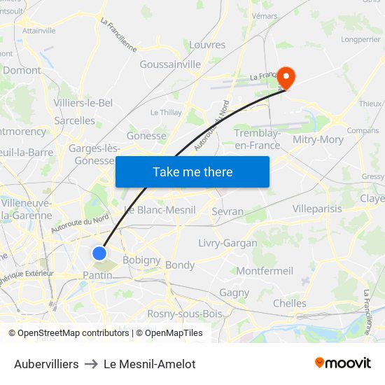 Aubervilliers to Le Mesnil-Amelot map