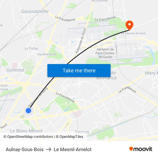 Aulnay-Sous-Bois to Le Mesnil-Amelot map