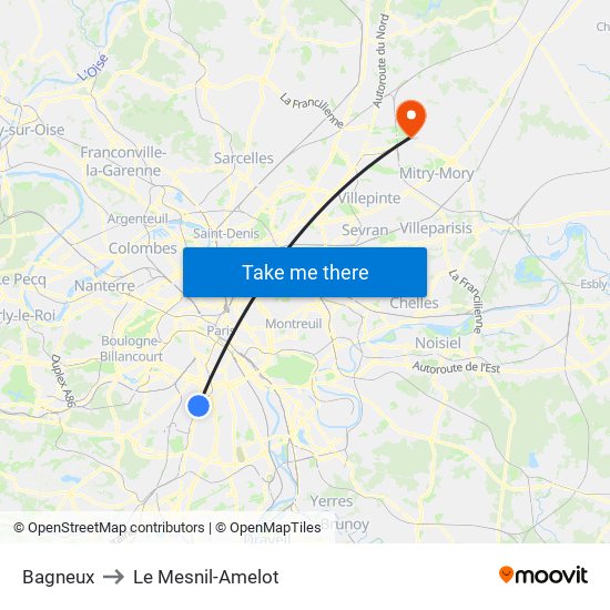 Bagneux to Le Mesnil-Amelot map