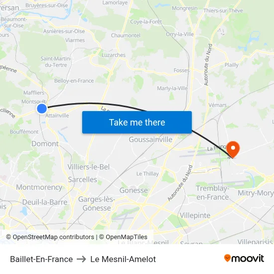 Baillet-En-France to Le Mesnil-Amelot map