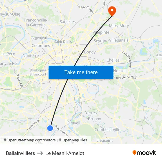 Ballainvilliers to Le Mesnil-Amelot map