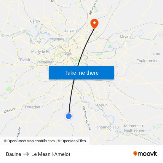 Baulne to Le Mesnil-Amelot map