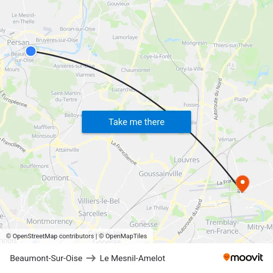 Beaumont-Sur-Oise to Le Mesnil-Amelot map