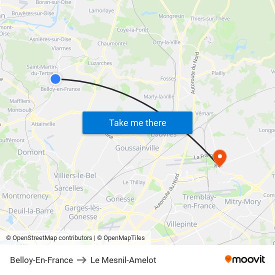 Belloy-En-France to Le Mesnil-Amelot map