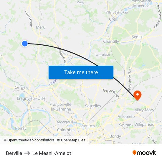 Berville to Le Mesnil-Amelot map