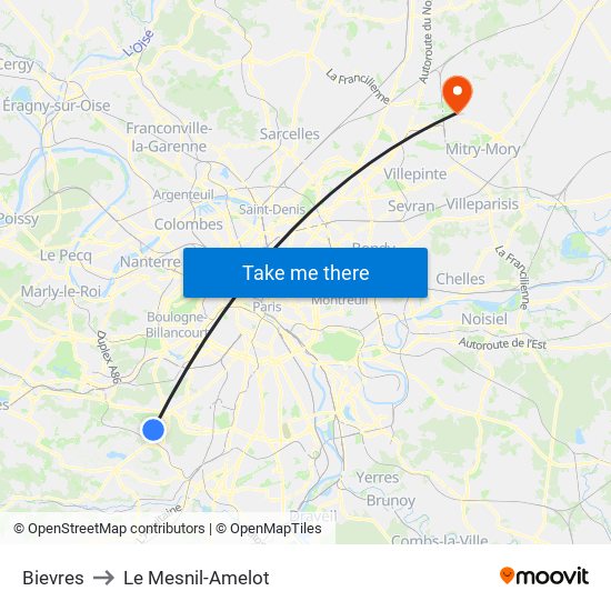 Bievres to Le Mesnil-Amelot map