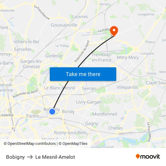 Bobigny to Le Mesnil-Amelot map