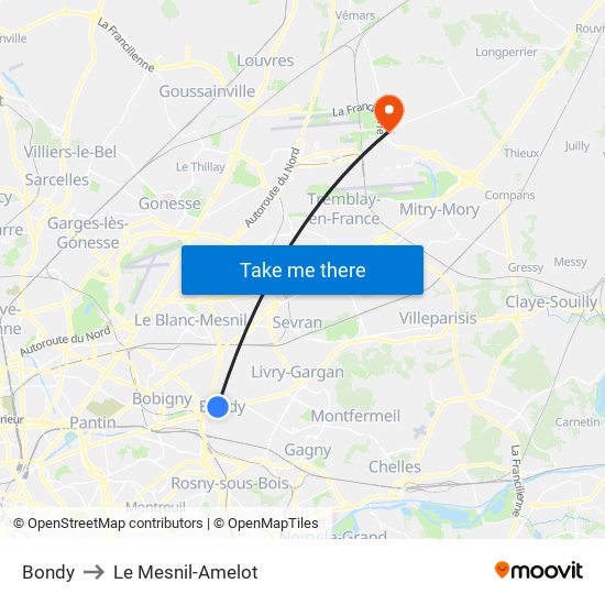 Bondy to Le Mesnil-Amelot map