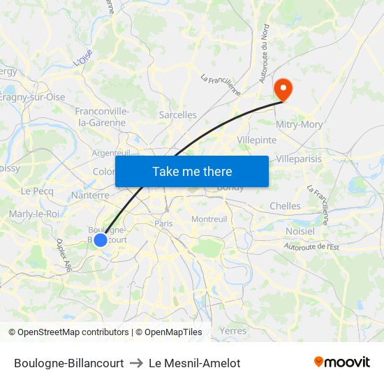 Boulogne-Billancourt to Le Mesnil-Amelot map