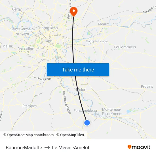 Bourron-Marlotte to Le Mesnil-Amelot map