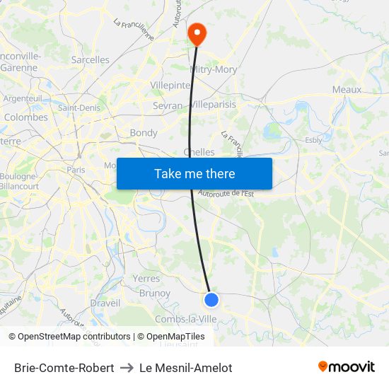 Brie-Comte-Robert to Le Mesnil-Amelot map