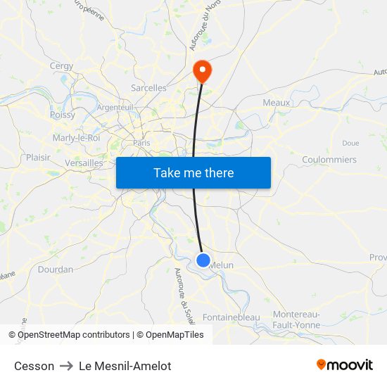 Cesson to Le Mesnil-Amelot map