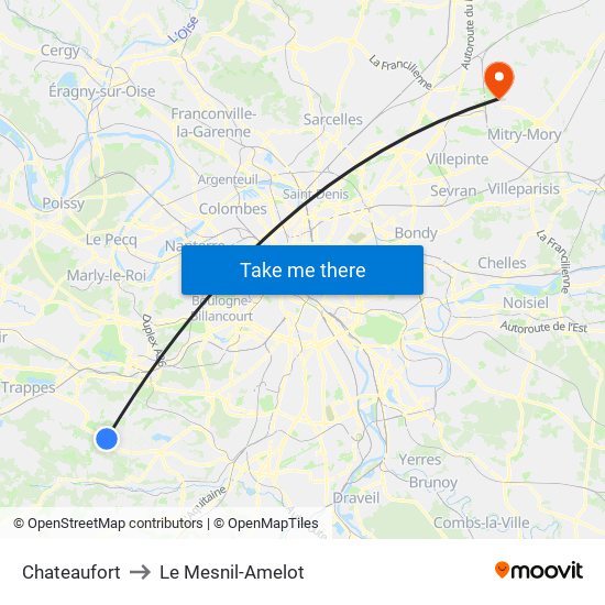 Chateaufort to Le Mesnil-Amelot map
