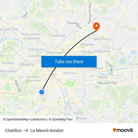 Chatillon to Le Mesnil-Amelot map