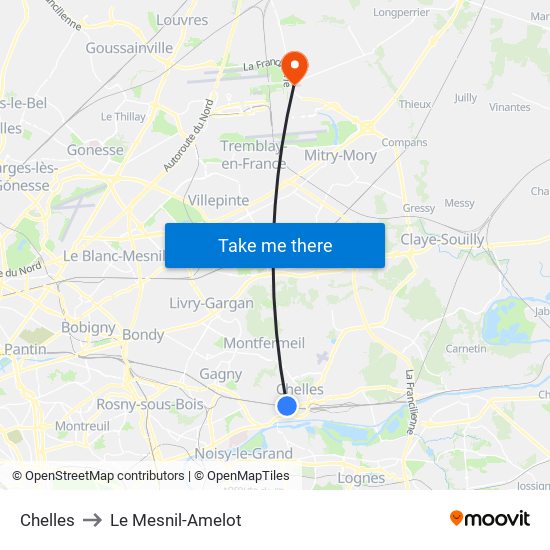 Chelles to Le Mesnil-Amelot map
