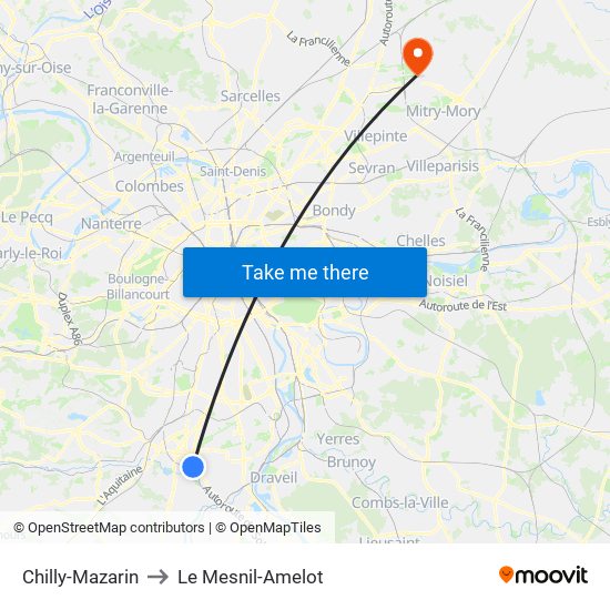 Chilly-Mazarin to Le Mesnil-Amelot map