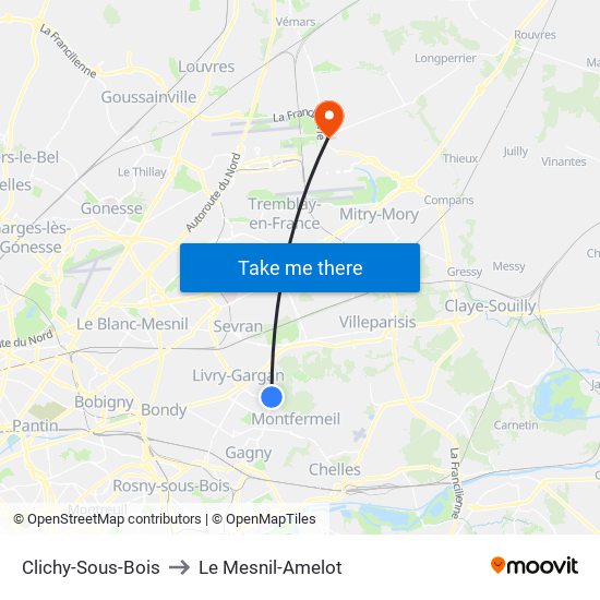 Clichy-Sous-Bois to Le Mesnil-Amelot map