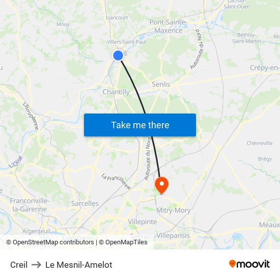 Creil to Le Mesnil-Amelot map
