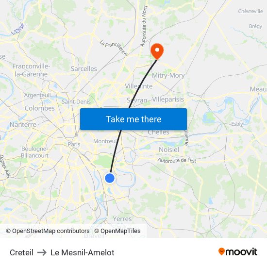 Creteil to Le Mesnil-Amelot map