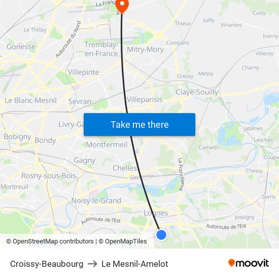 Croissy-Beaubourg to Le Mesnil-Amelot map