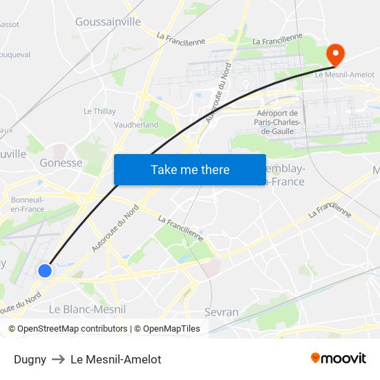 Dugny to Le Mesnil-Amelot map