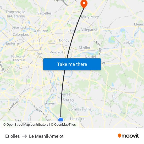 Etiolles to Le Mesnil-Amelot map