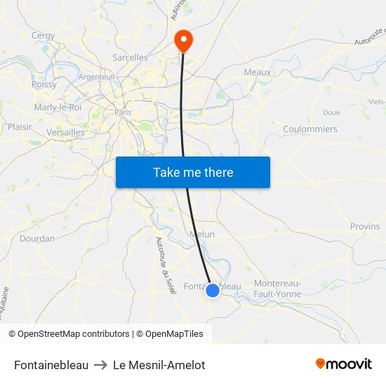 Fontainebleau to Le Mesnil-Amelot map