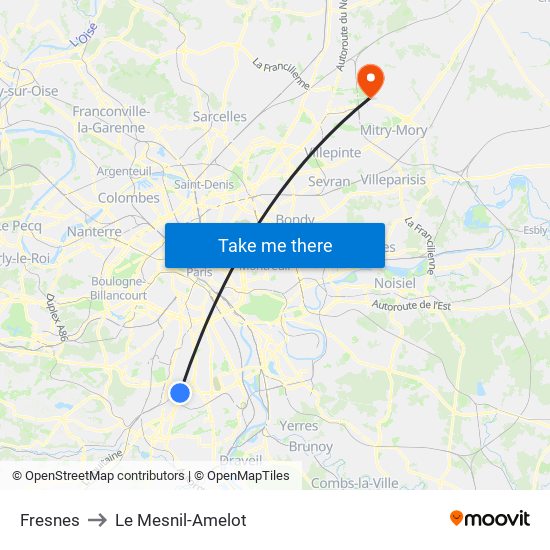Fresnes to Le Mesnil-Amelot map