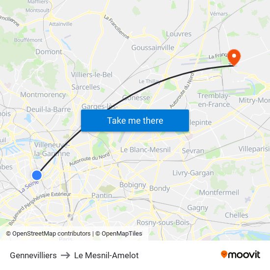 Gennevilliers to Le Mesnil-Amelot map
