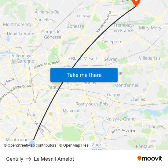 Gentilly to Le Mesnil-Amelot map