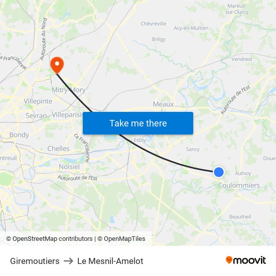 Giremoutiers to Le Mesnil-Amelot map