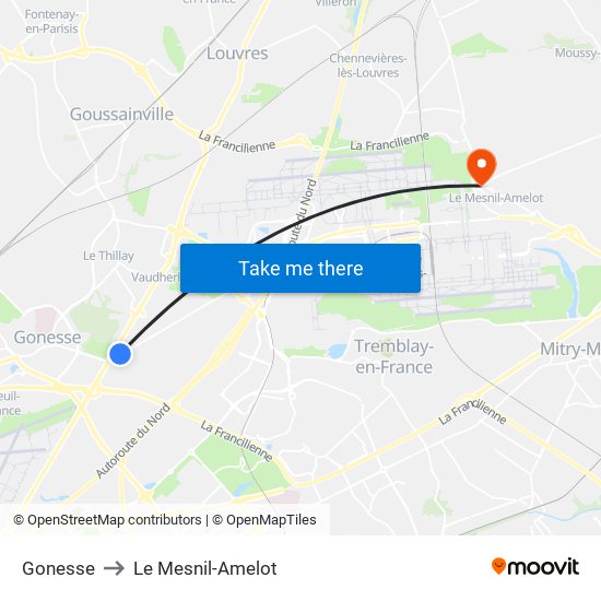 Gonesse to Le Mesnil-Amelot map