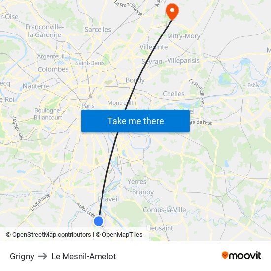 Grigny to Le Mesnil-Amelot map