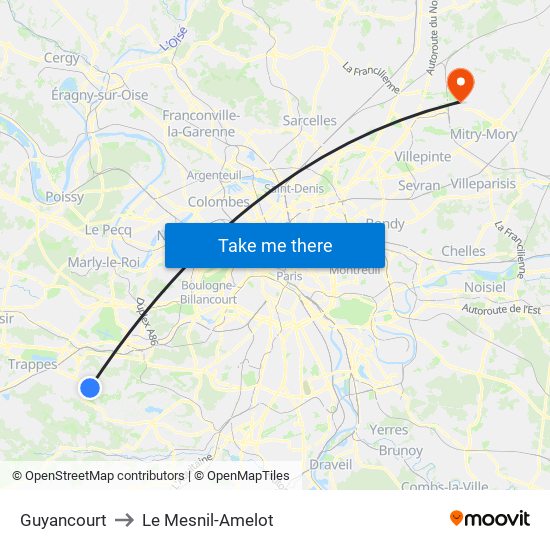 Guyancourt to Le Mesnil-Amelot map