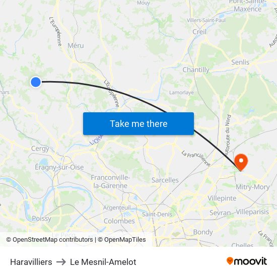 Haravilliers to Le Mesnil-Amelot map