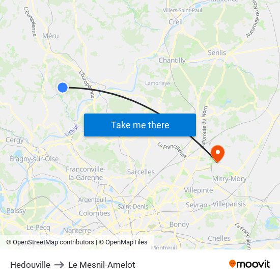 Hedouville to Le Mesnil-Amelot map