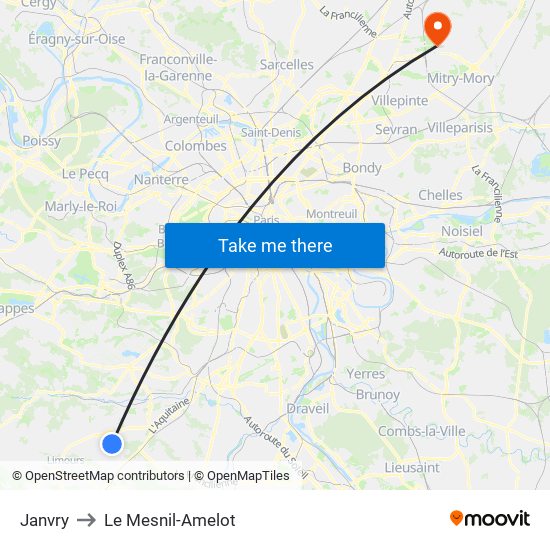 Janvry to Le Mesnil-Amelot map