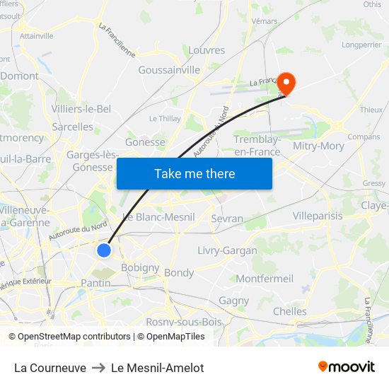 La Courneuve to Le Mesnil-Amelot map