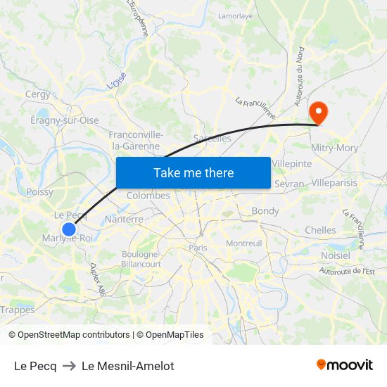 Le Pecq to Le Mesnil-Amelot map