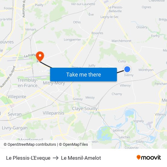 Le Plessis-L'Eveque to Le Mesnil-Amelot map