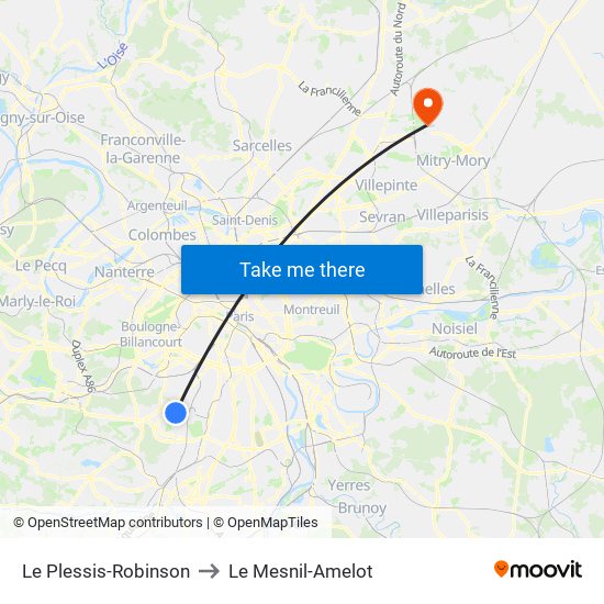 Le Plessis-Robinson to Le Mesnil-Amelot map