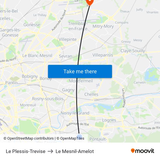 Le Plessis-Trevise to Le Mesnil-Amelot map